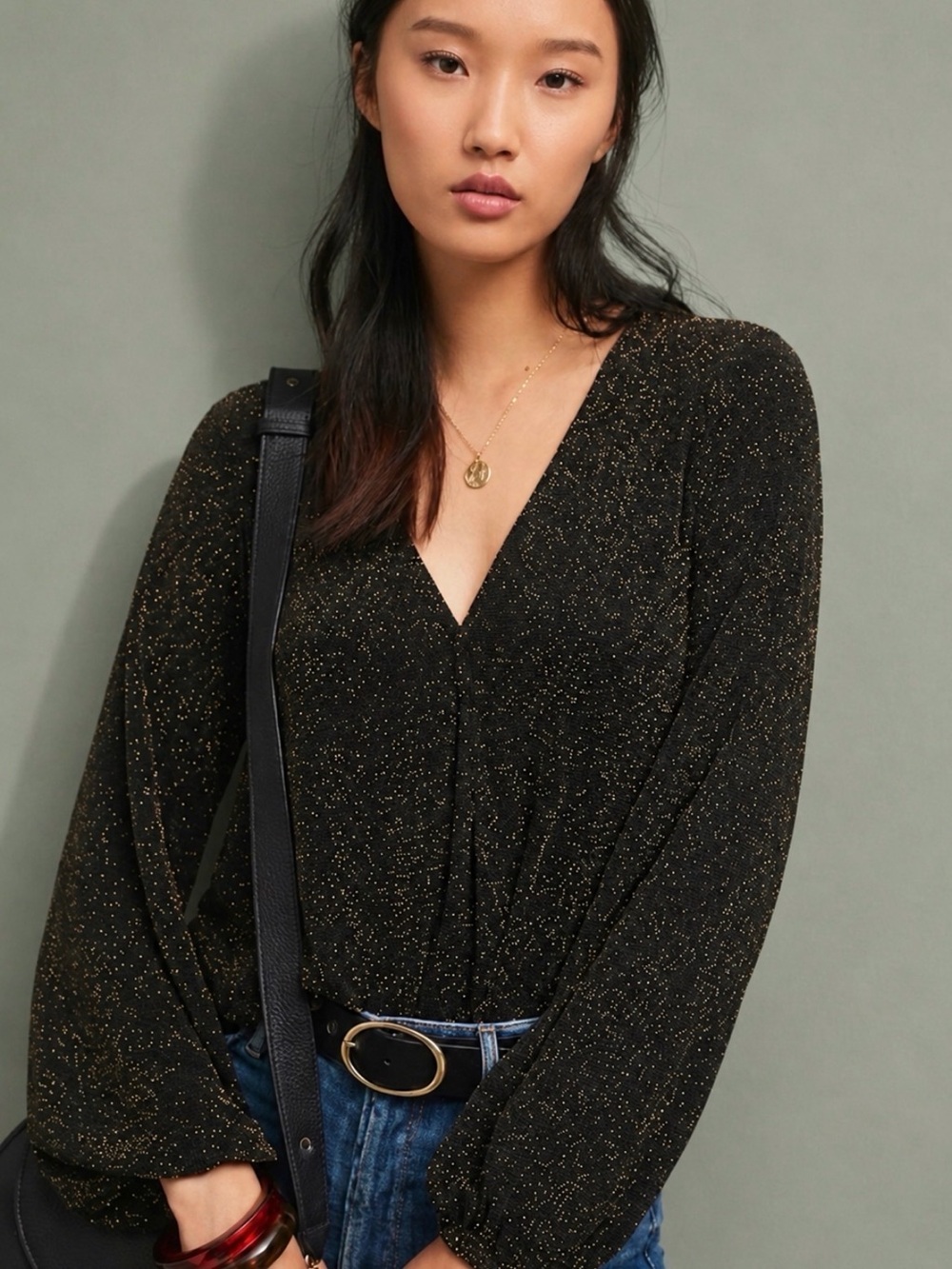 Anthropologie IF BY SEA Kenton After Dark Gold Metallic Surplice Top Size M